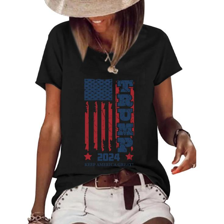 Funny Anti Biden Donald J Trump Distressed Flag Pocket Women's Short Sleeve Loose T-shirt
