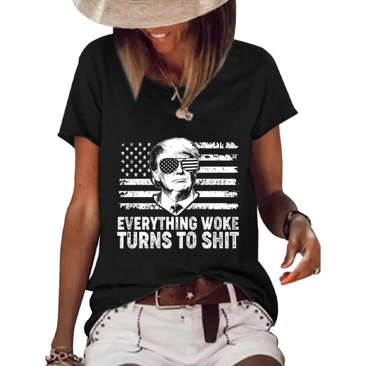 Funny Anti Biden Everything Woke Turns To Shit Funny Trump V2 Women's Short Sleeve Loose T-shirt