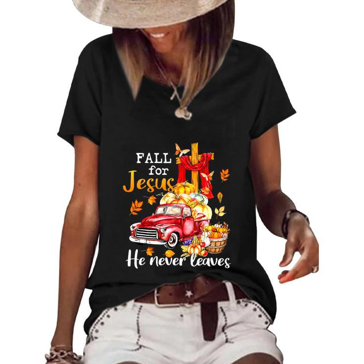 Funny Fall For Jesus He Never Leaves Autumn Christian Graphic Design Printed Casual Daily Basic Women's Short Sleeve Loose T-shirt