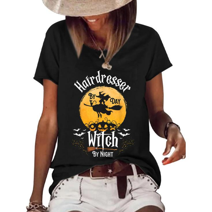 Funny Hairstylist Halloween Hairdresser By Day Witch Night  Women's Short Sleeve Loose T-shirt