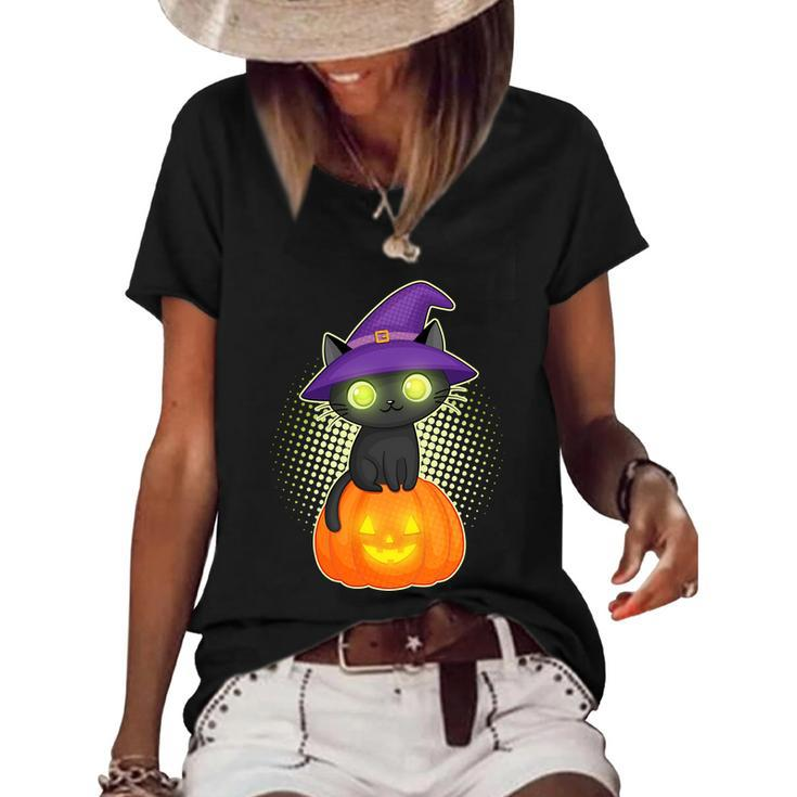 Funny Halloween Cute Halloween Cute Witch Kitten With Pumpkin Graphic Design Printed Casual Daily Basic Women's Short Sleeve Loose T-shirt
