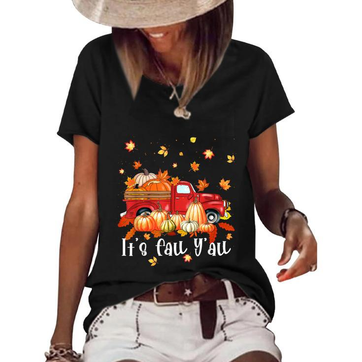 Funny Halloween Its Fall Yall Pumpkins Maple Farm Truck Autumn Fall Women's Short Sleeve Loose T-shirt