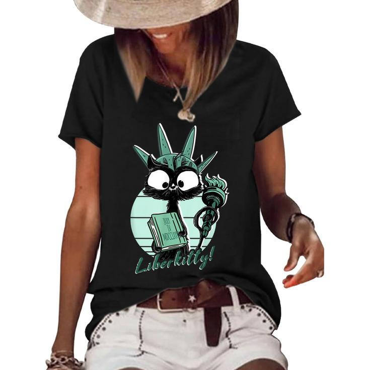 Funny Statue Of Liberty Cat | Liberkitty 4Th July Black Cat  Women's Short Sleeve Loose T-shirt