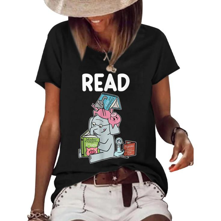 Funny Teacher Library Read Book Club Piggie Elephant Pigeons  Women's Short Sleeve Loose T-shirt - Thegiftio