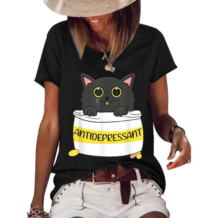 Fur Antidepressant Cute Black Cat Illustration Pet Lover  Women's Short Sleeve Loose T-shirt