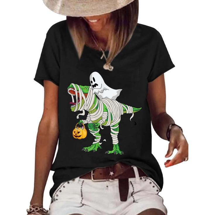 Ghost Riding T Rex Mummy Dinosaur Halloween  Women's Short Sleeve Loose T-shirt