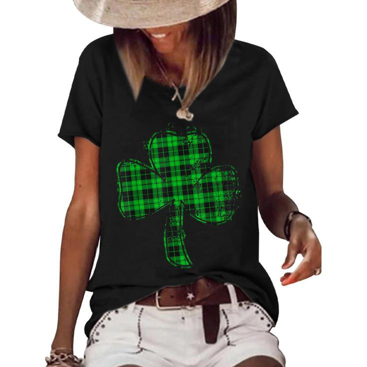 Green Buffalo Plaid Shamrock Lucky St Patricks Day Womens  Women's Short Sleeve Loose T-shirt