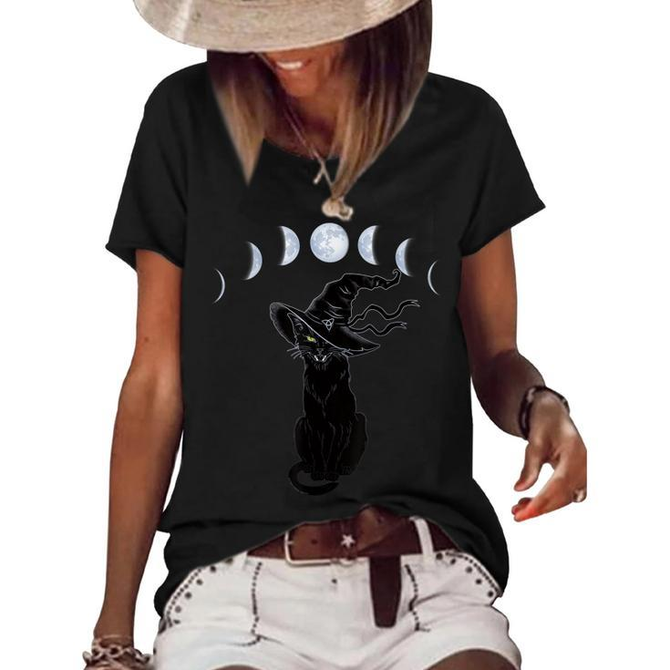 Halloween Black Cat With Witch Hat And Phases Of The Moon  Women's Short Sleeve Loose T-shirt