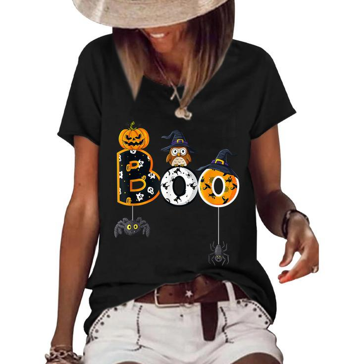 Halloween Boo Owl With Witch Hat Spiders Boys Girls Kids  Women's Short Sleeve Loose T-shirt