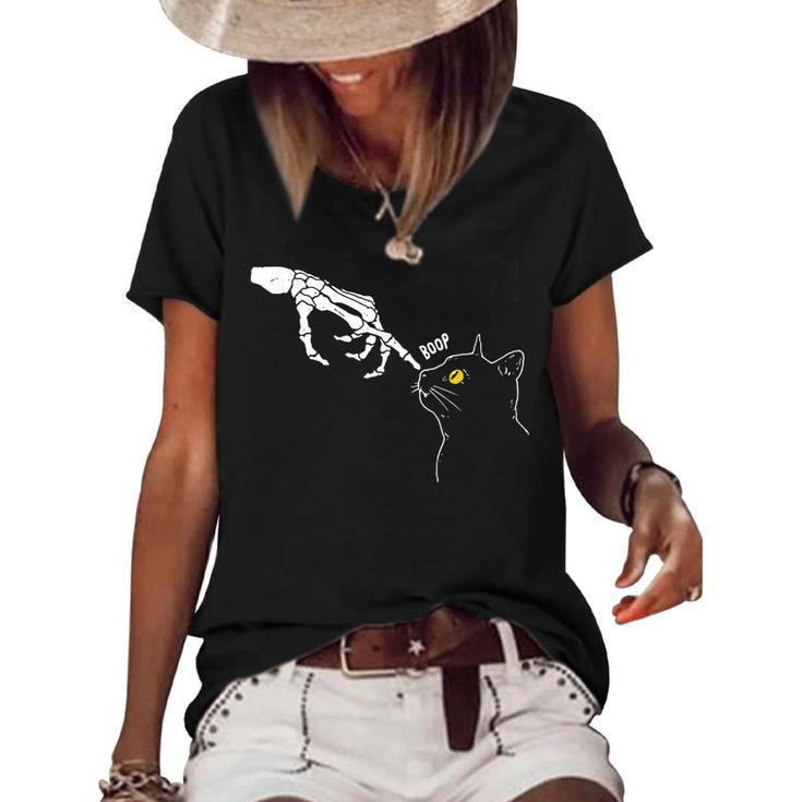 Halloween Cat Black Lover Skeleton Hand Boop Funny  Women's Short Sleeve Loose T-shirt