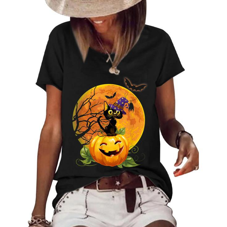 Halloween Cute Witch Cat Mom Pumpkin Moon Spooky Cat  Women's Short Sleeve Loose T-shirt
