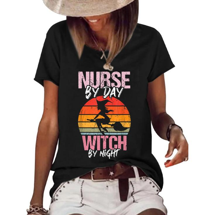 Halloween Nurse Costume Vintage Nurse By Day Witch By Night  Women's Short Sleeve Loose T-shirt