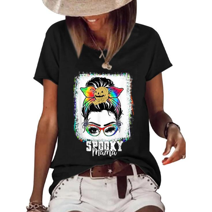 Halloween Rainbow Messy Bun Spooky Mama  Women's Short Sleeve Loose T-shirt