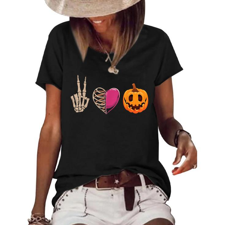 Halloween Skeleton Peace Love Pumpkin Leopard Heart Apparel  Women's Short Sleeve Loose T-shirt