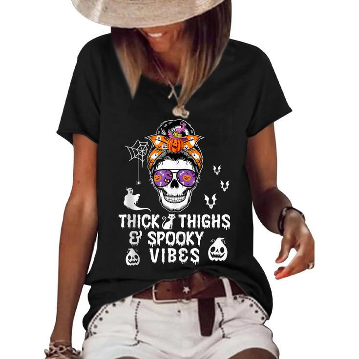 Halloween Skull Messy Bun Thick Thighs And Spooky Vibes  Women's Short Sleeve Loose T-shirt