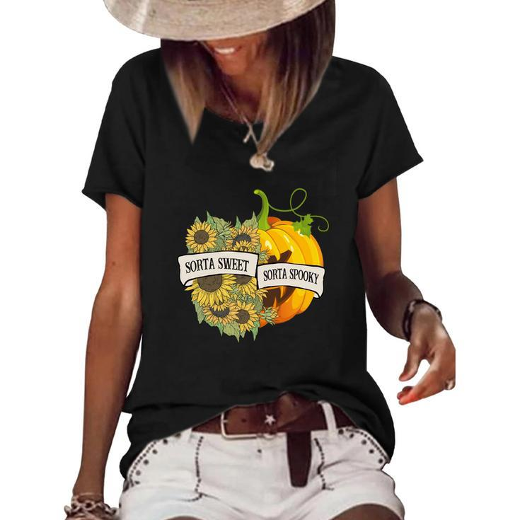 Halloween Sorta Sweet Sorta Spooky Pumpkin Sunflower Women's Short Sleeve Loose T-shirt