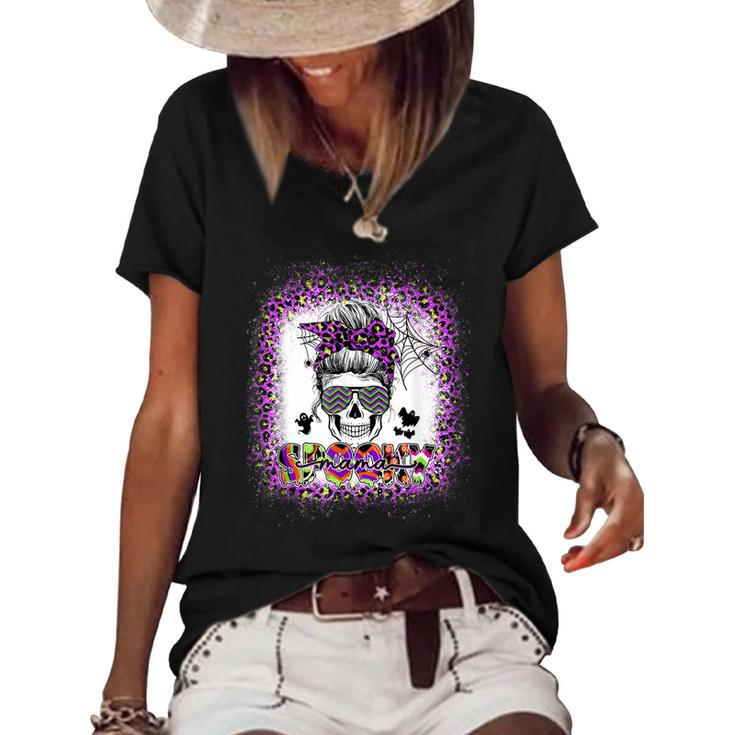 Halloween Spooky Mama Bleached Messy Bun   V2 Women's Short Sleeve Loose T-shirt
