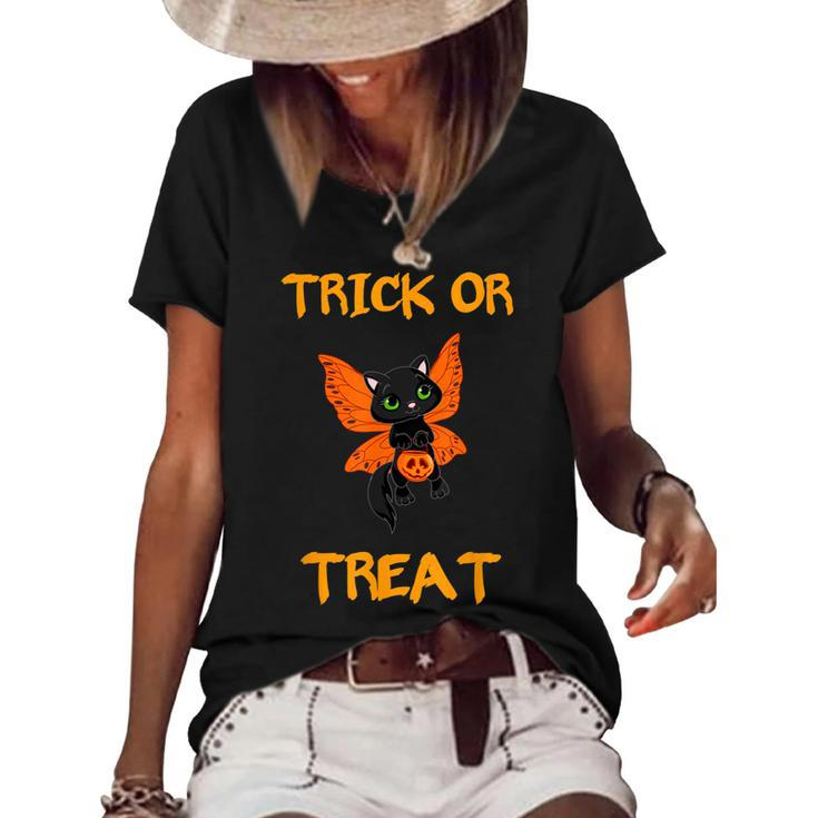 Halloween T  Black Cat Candy Trick Or Treat  Women's Short Sleeve Loose T-shirt