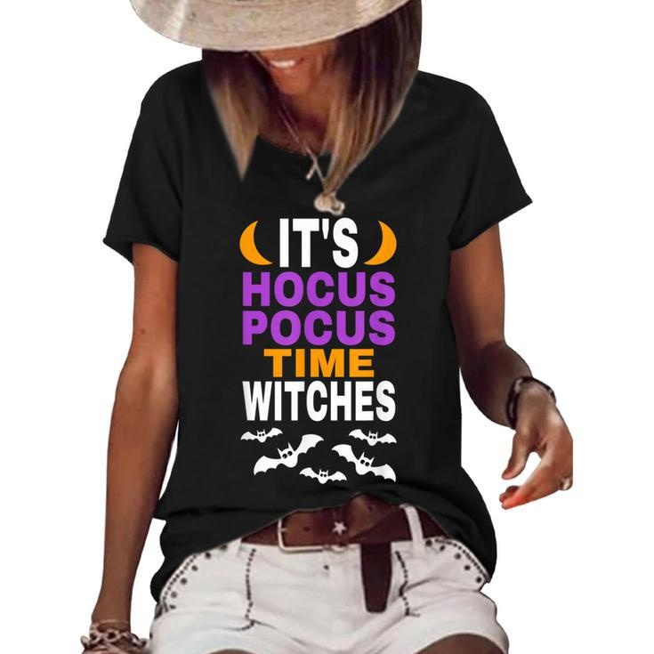 Halloween T  Its Hocus Pocus Time Witches Bats Flying Women's Short Sleeve Loose T-shirt