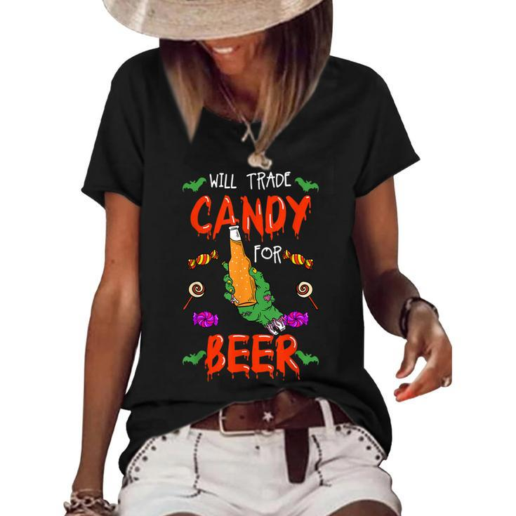 Halloween Trick Or Treat Will Trade Candy For Beer Cool Gift  Women's Short Sleeve Loose T-shirt