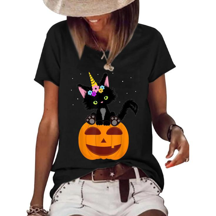 Halloween Unicorn Cat Black Pumpkin Scary Costume Girls Kids  Women's Short Sleeve Loose T-shirt