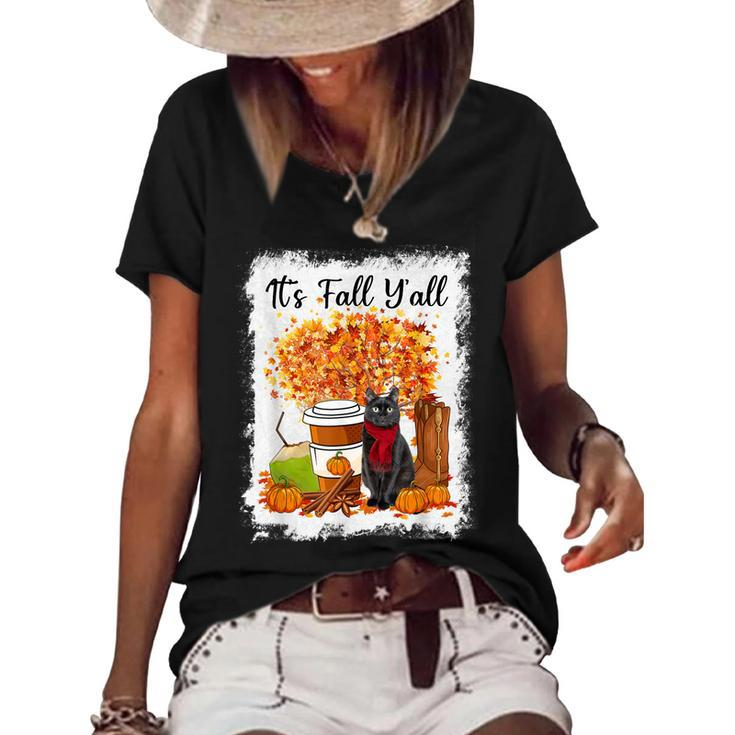 Happy Fall Yall Funny Cats Autumn Lover Pumpkins Halloween  Women's Short Sleeve Loose T-shirt