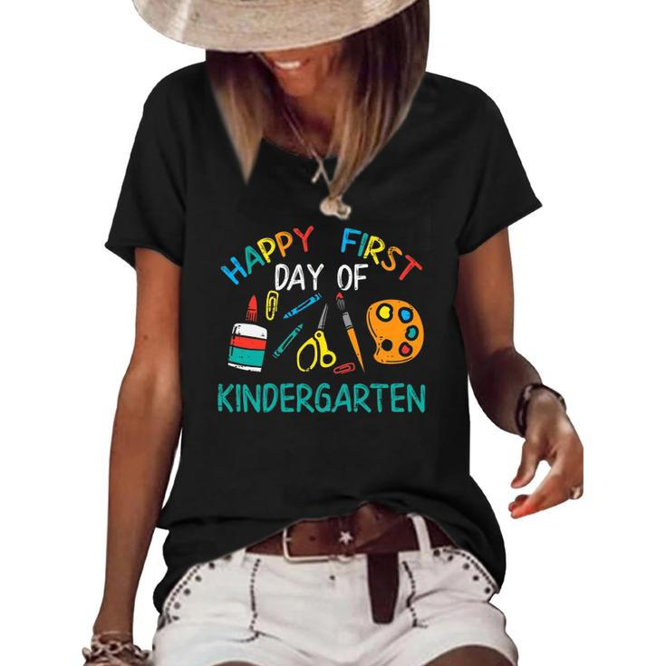 Happy First Day Of Kindergarten Back To Boys Girls Teacher Women's Short Sleeve Loose T-shirt
