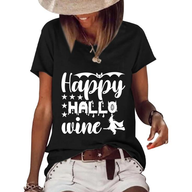 Happy Hallo Wine Cat Halloween Quote Women's Short Sleeve Loose T-shirt
