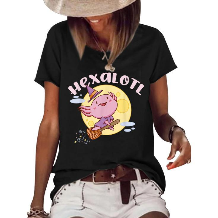 Hexalotl Funny Axolotl Witch Halloween Kawaii Meme  Women's Short Sleeve Loose T-shirt
