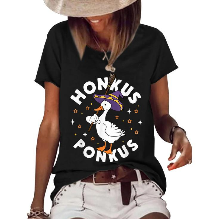Honkus Ponkus Halloween Witch Hocus Duck Goose Funny Parody  Women's Short Sleeve Loose T-shirt