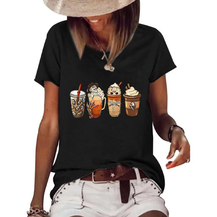Horror Fall Coffee Pumpkin Spice Latte Iced Autumn Halloween Graphic Design Printed Casual Daily Basic Women's Short Sleeve Loose T-shirt