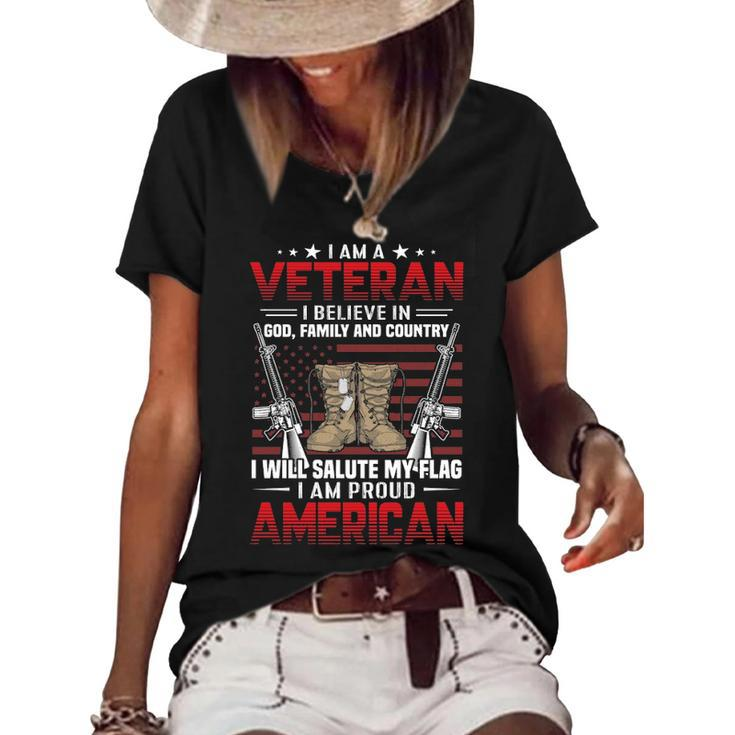 I Am A Veteran I Believe In Food Family And Country And Also I Am A Proud American  Women's Short Sleeve Loose T-shirt