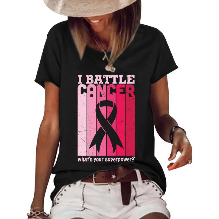 I Battle Cancer Whats Your Supperpower Pink Ribbon Breast Caner Women's Short Sleeve Loose T-shirt