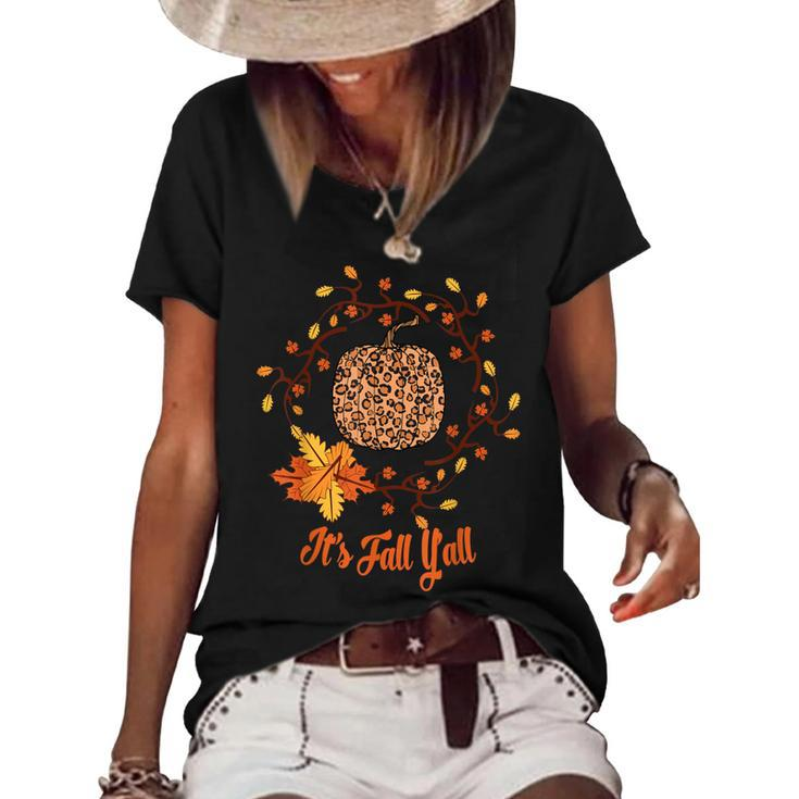 Its Fall Yall Leopard Print Pumpkin Thanksgiving Halloween  Women's Short Sleeve Loose T-shirt