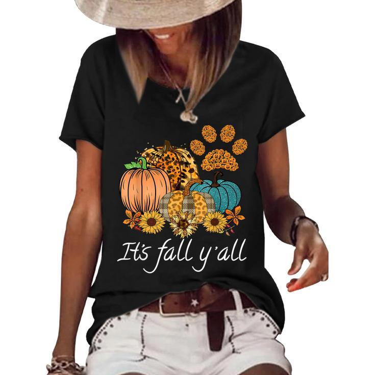 Its Fall Yall Leopard Pumpkin Autumn Dog Paw Halloween  Women's Short Sleeve Loose T-shirt