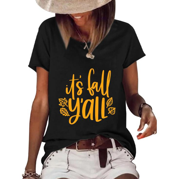 Its Fall Yall Red Leaf Pumpkin Fall Leaves Thanksgiving Graphic Design Printed Casual Daily Basic Women's Short Sleeve Loose T-shirt