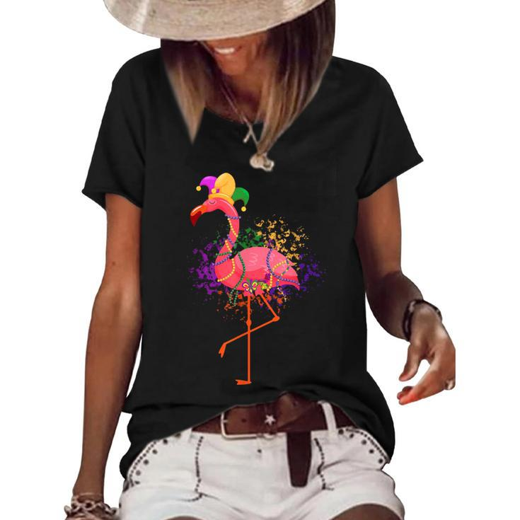 Jester Pink Flamingo Bird Animal Cute Mardi Gras Carnival  Women's Short Sleeve Loose T-shirt