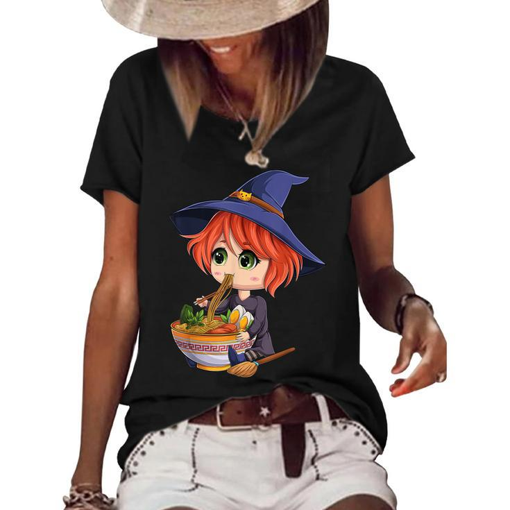 Kawaii Japanese Anime Witch Halloween Ramen Food Lovers  Women's Short Sleeve Loose T-shirt