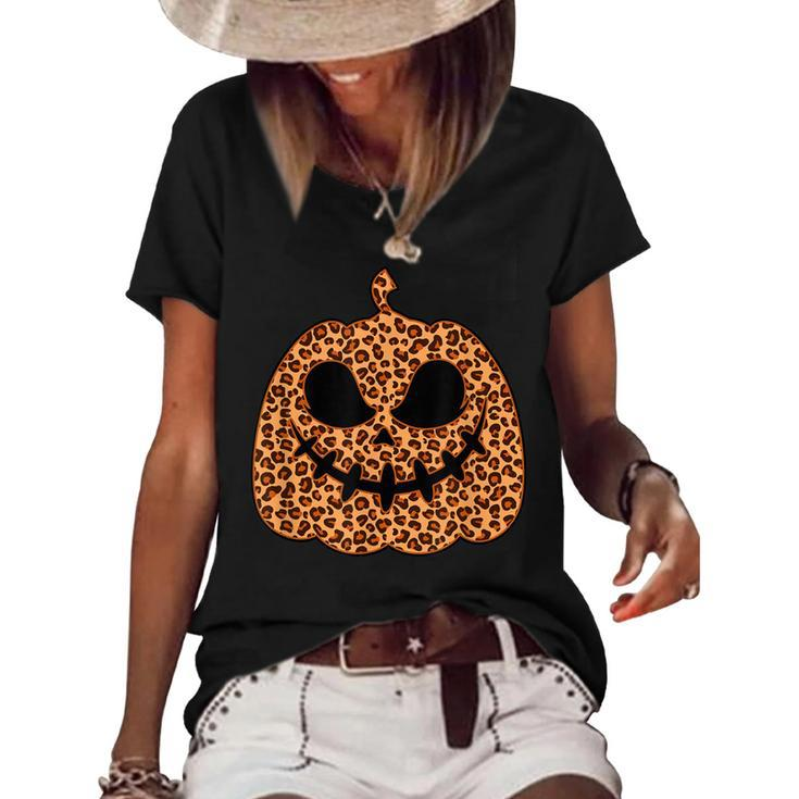 Leopard Jack O Lantern Pumpkin Halloween Print Lazy Costume  Women's Short Sleeve Loose T-shirt