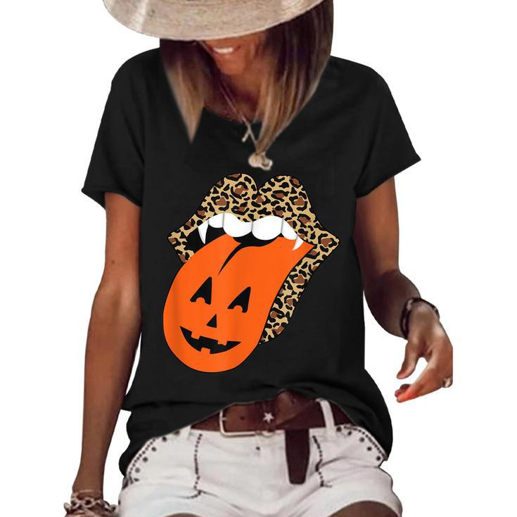 Leopard Lips Halloween Lips Vampire Mouth Pumpkin Tongue  V3 Women's Short Sleeve Loose T-shirt