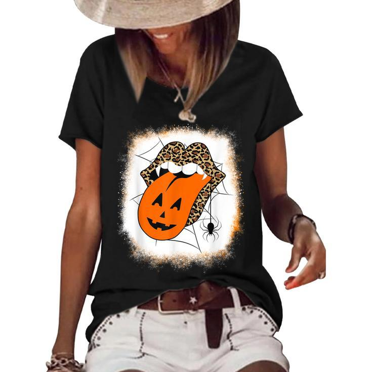 Leopard Lips Halloween Lips Vampire Mouth Pumpkin Tongue  Women's Short Sleeve Loose T-shirt