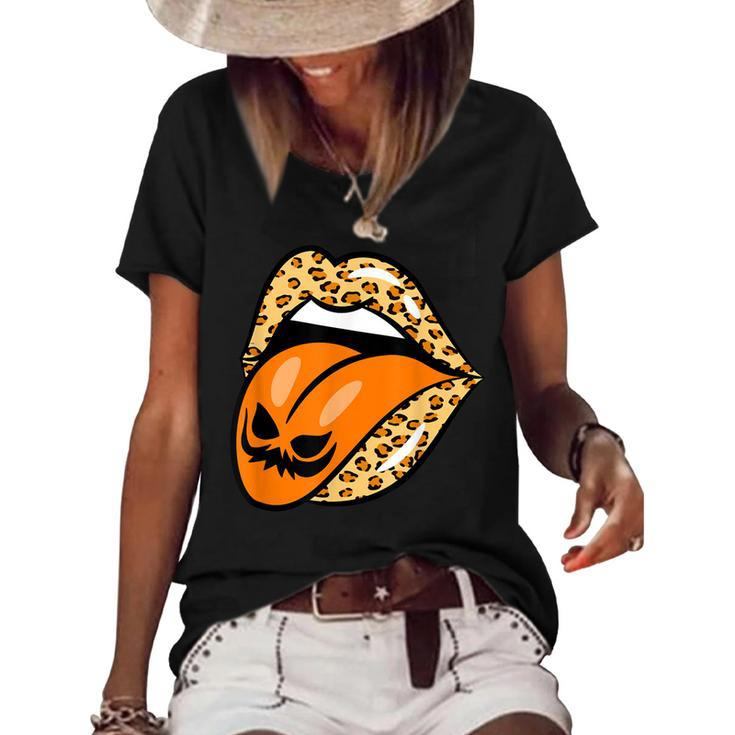 Leopard Lips Mouth Pumpkin Tongue Costume Halloween Women  Women's Short Sleeve Loose T-shirt