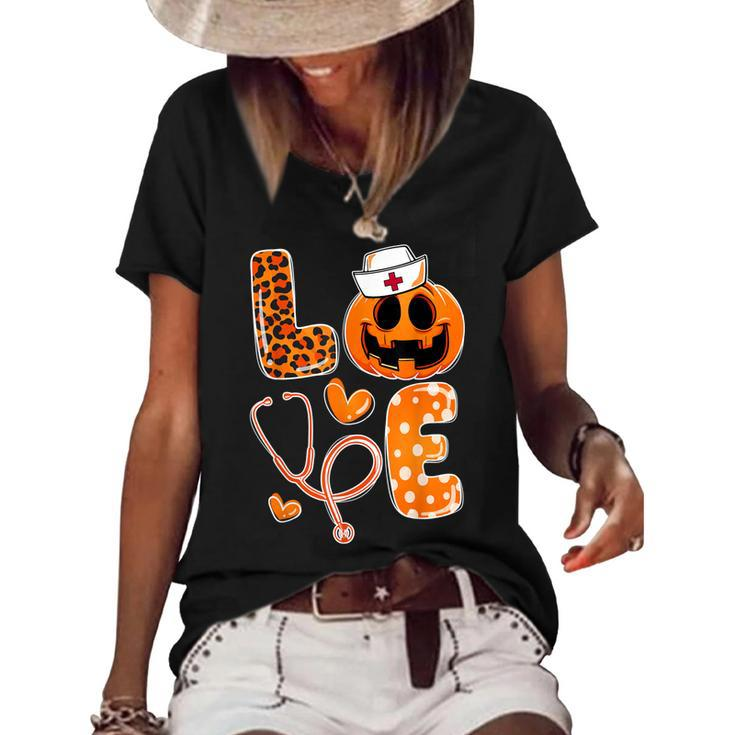 Leopard Love Cna Halloween Nurse Doctor Pumpkin Fall  Women's Short Sleeve Loose T-shirt
