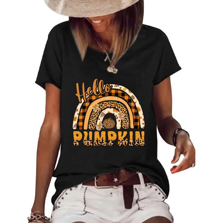 Leopard Plaid Autumn Hello Pumpkin Fall Rainbow Women's Short Sleeve Loose T-shirt