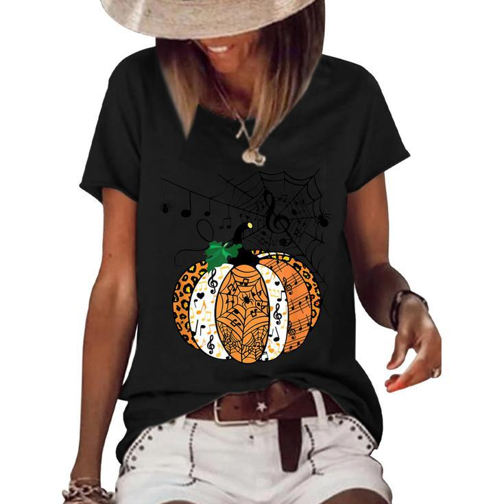 Leopard Pumpkin Music Teacher Funny Halloween Spooky Season  Women's Short Sleeve Loose T-shirt