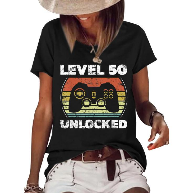 Level 50 Unlocked Funny Video Gamer 50Th Birthday  Women's Short Sleeve Loose T-shirt