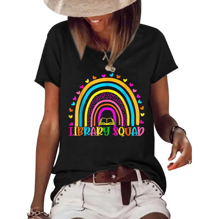 Library Squad Rainbow Teacher Librarian Bookworm Book Lover  Women's Short Sleeve Loose T-shirt