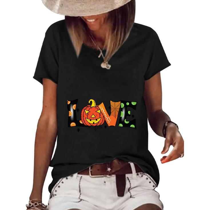 Love Halloween With Pumpkin Skull And Finished By Love Word Women's Short Sleeve Loose T-shirt - Thegiftio