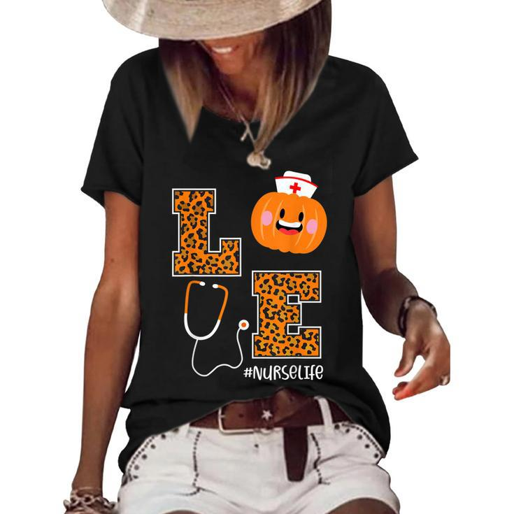 Love Nurse Life Pumpkin Leopard Fall Halloween Nurses  Women's Short Sleeve Loose T-shirt