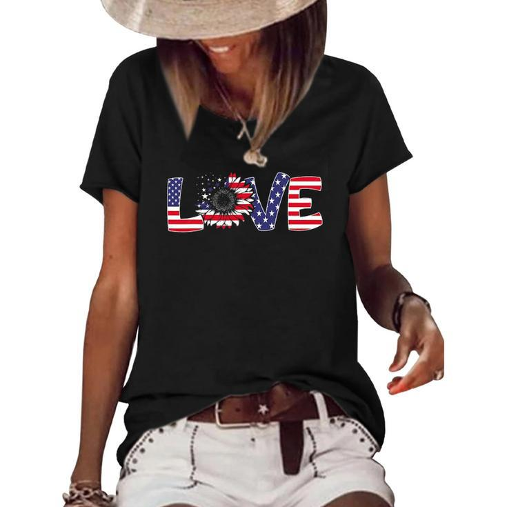 Love Sunflower 4Th Of July Women American Flag Patriotic Women's Short Sleeve Loose T-shirt